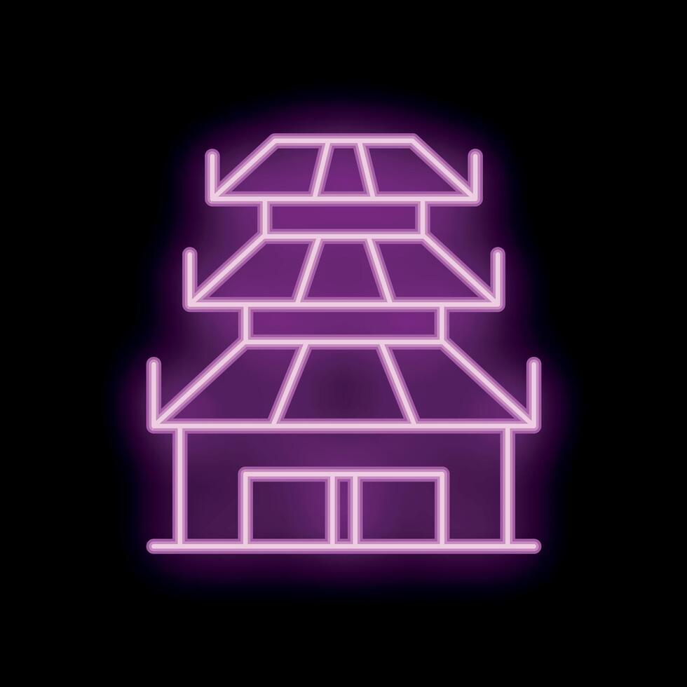 Neon sign depicting a pagoda building with purple lights vector