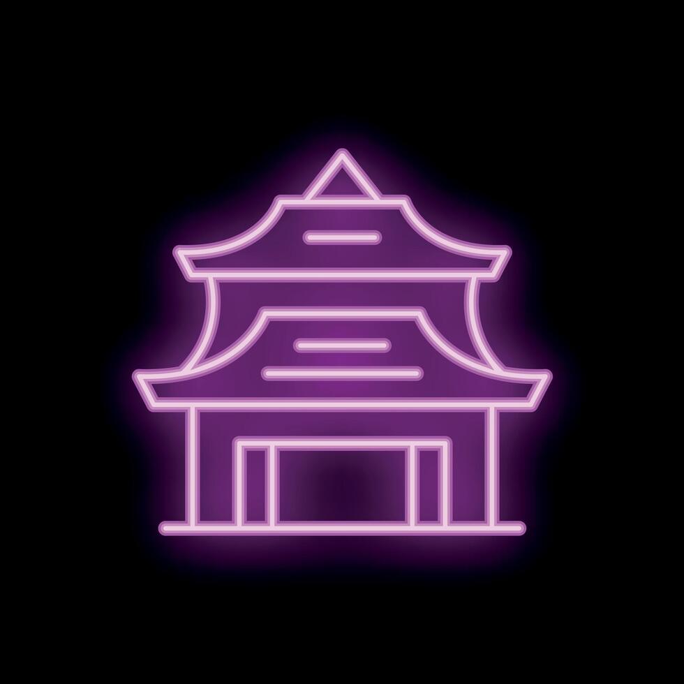 Neon sign representing a pagoda building with purple glowing effect vector