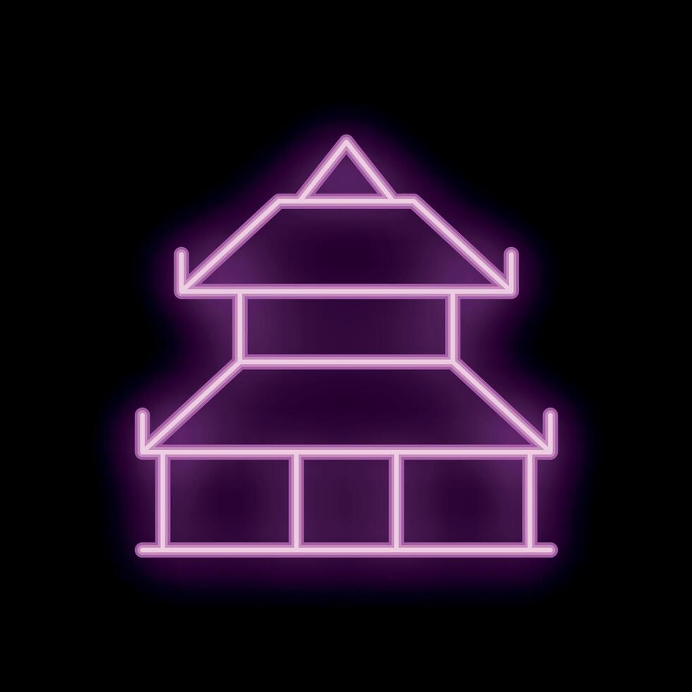Neon style asian pagoda icon glowing purple on black background vector