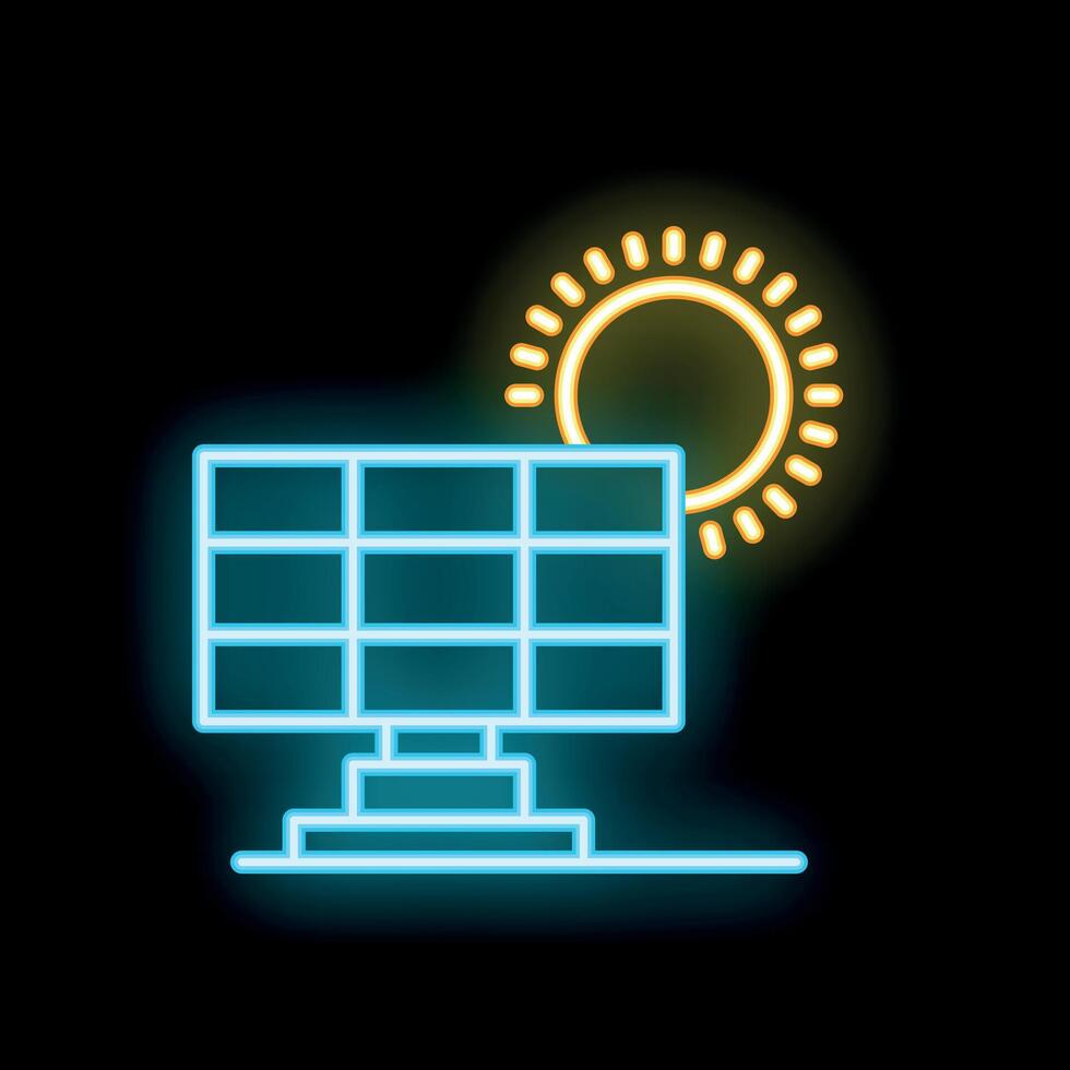 Neon solar panel icon representing renewable energy sources vector