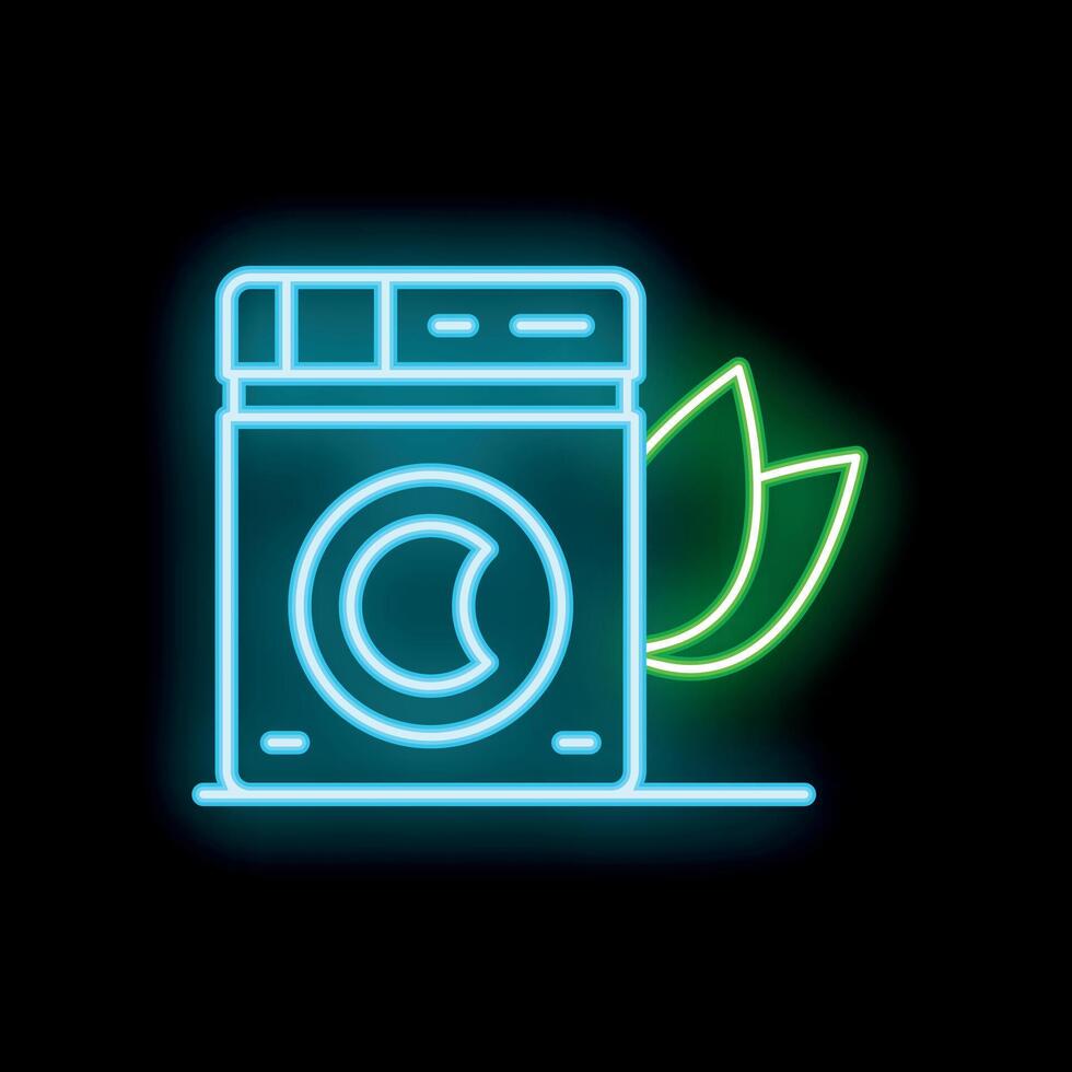 Glowing neon icon of eco friendly washing machine for laundry service vector
