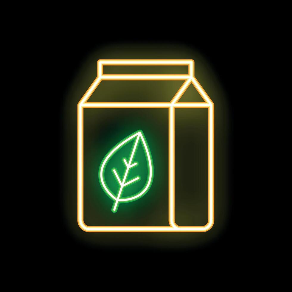 Glowing neon icon of a milk alternative product in carton pack with leaf sign, isolated on black background vector
