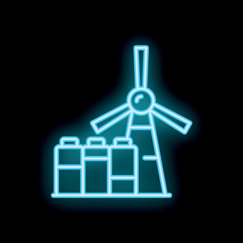 Blue neon sign of wind powered battery charging station on black background vector