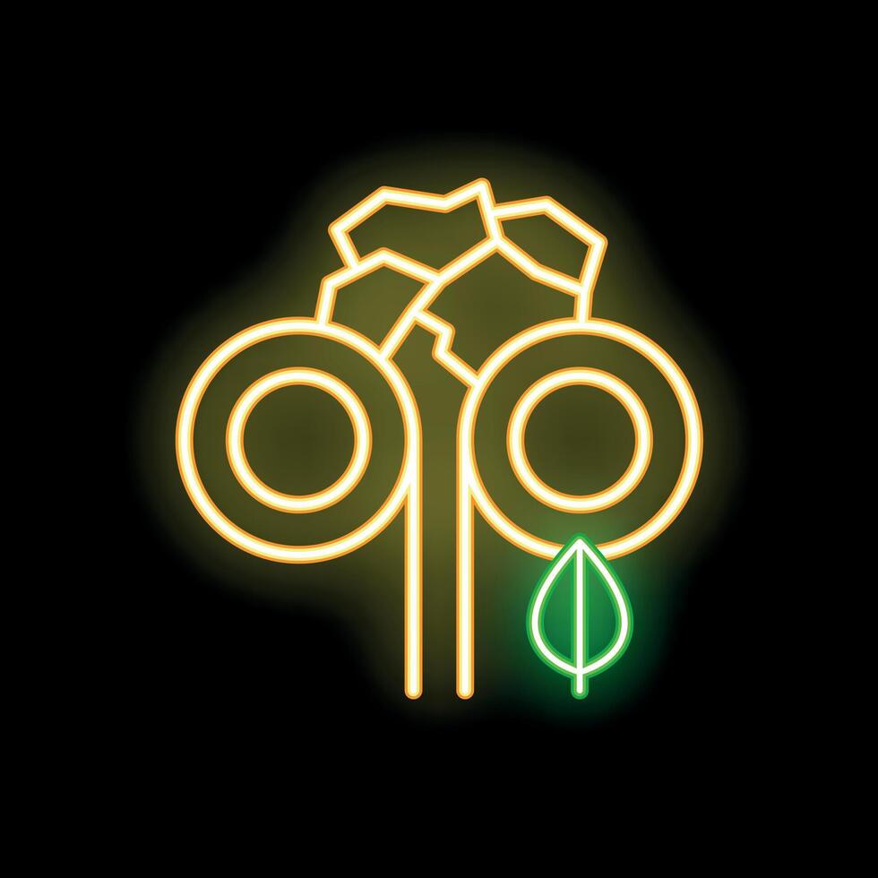 Neon sign of two empty plates with cutlery and falling leaf on black background vector