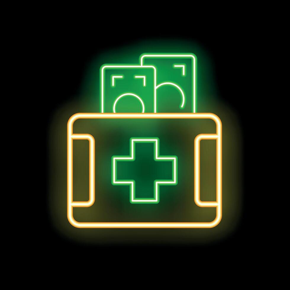 Neon green medical insurance with money bills icon glowing on black background vector