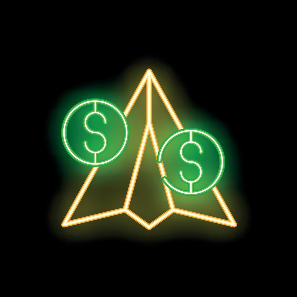Neon green paper airplane taking off with dollar coins vector