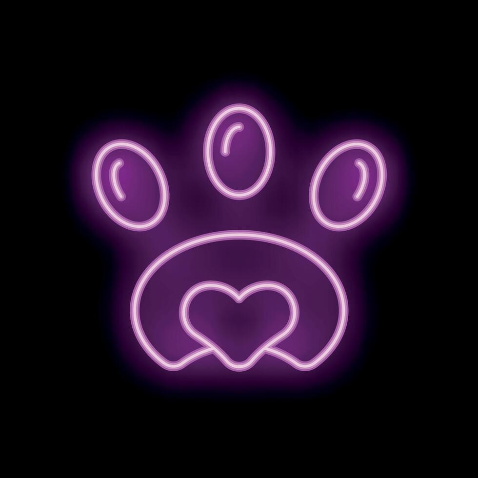 Purple neon paw print with heart glowing on black background vector