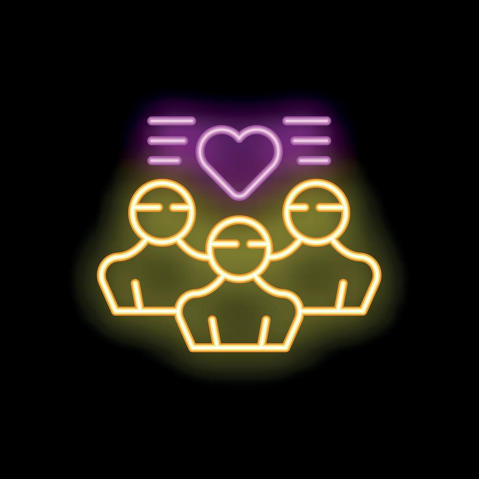 Neon icon of three people sharing love and connection vector