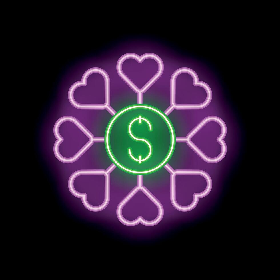 Neon icon representing love of money using hearts and dollar sign vector