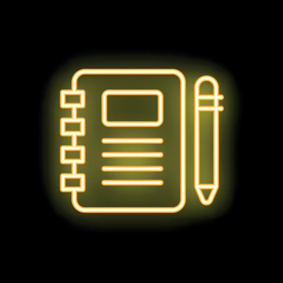 Yellow neon notebook and pen icon on black background vector