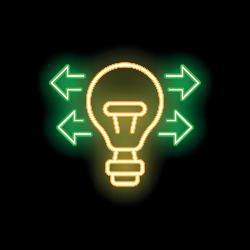 Neon icon of light bulb surrounded by arrows representing brainstorming vector