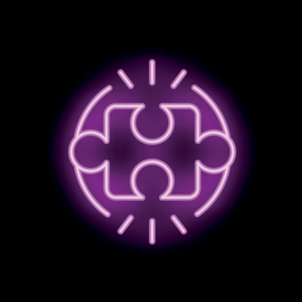 Purple neon puzzle piece shining in circle on black background vector