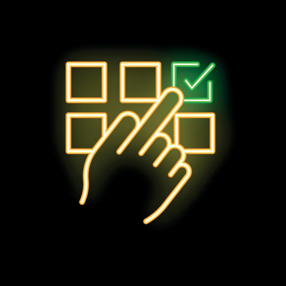 Hand selecting check mark on neon grid background vector