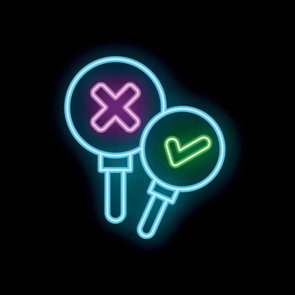 Neon signs showing right and wrong choices buttons in green and pink colors on black background vector