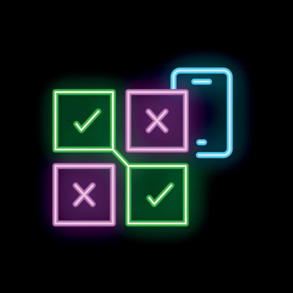 Mobile phone displaying interactive quiz with check and cross marks in neon style vector