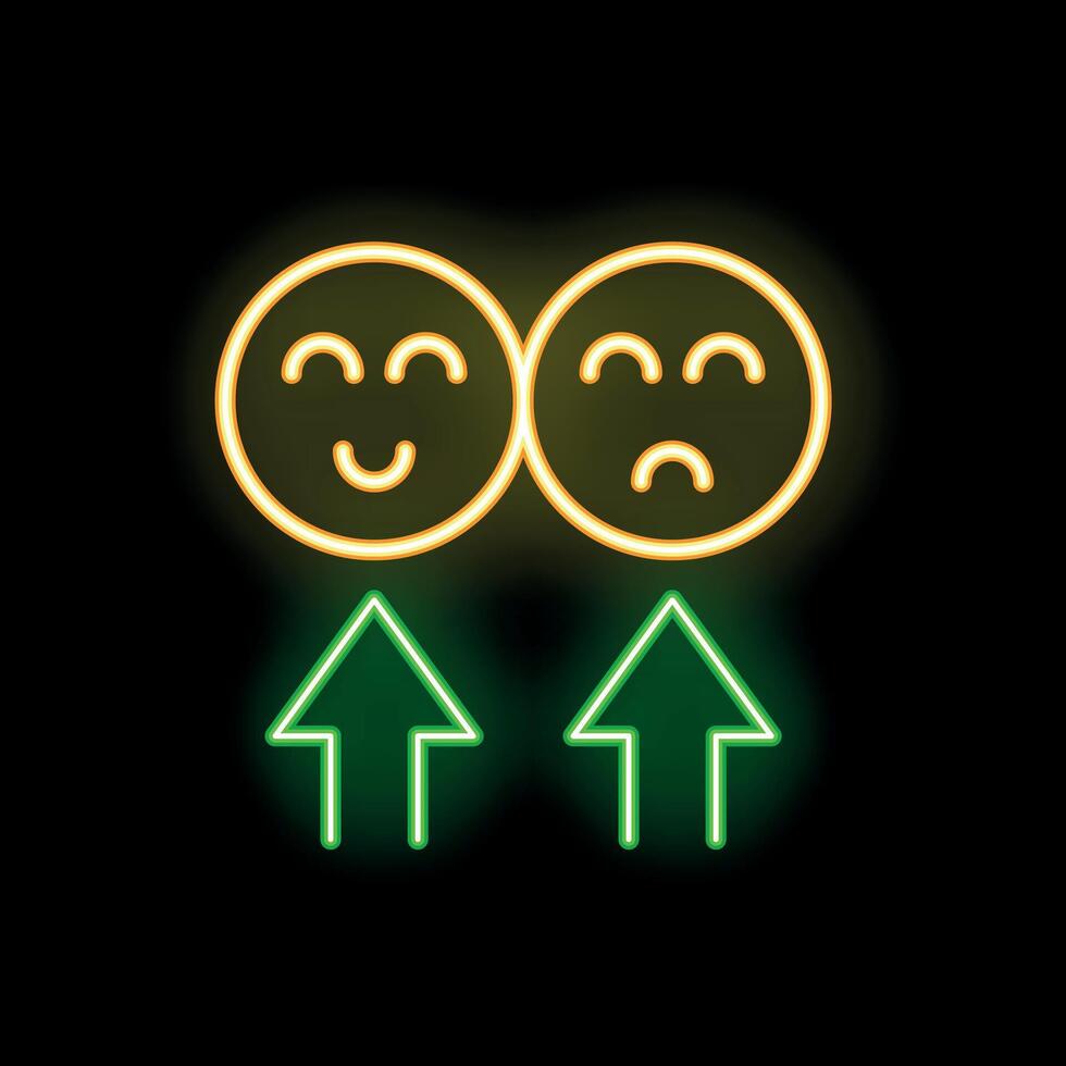 Neon icons showing happy and sad emojis with up arrows voting for feedback vector