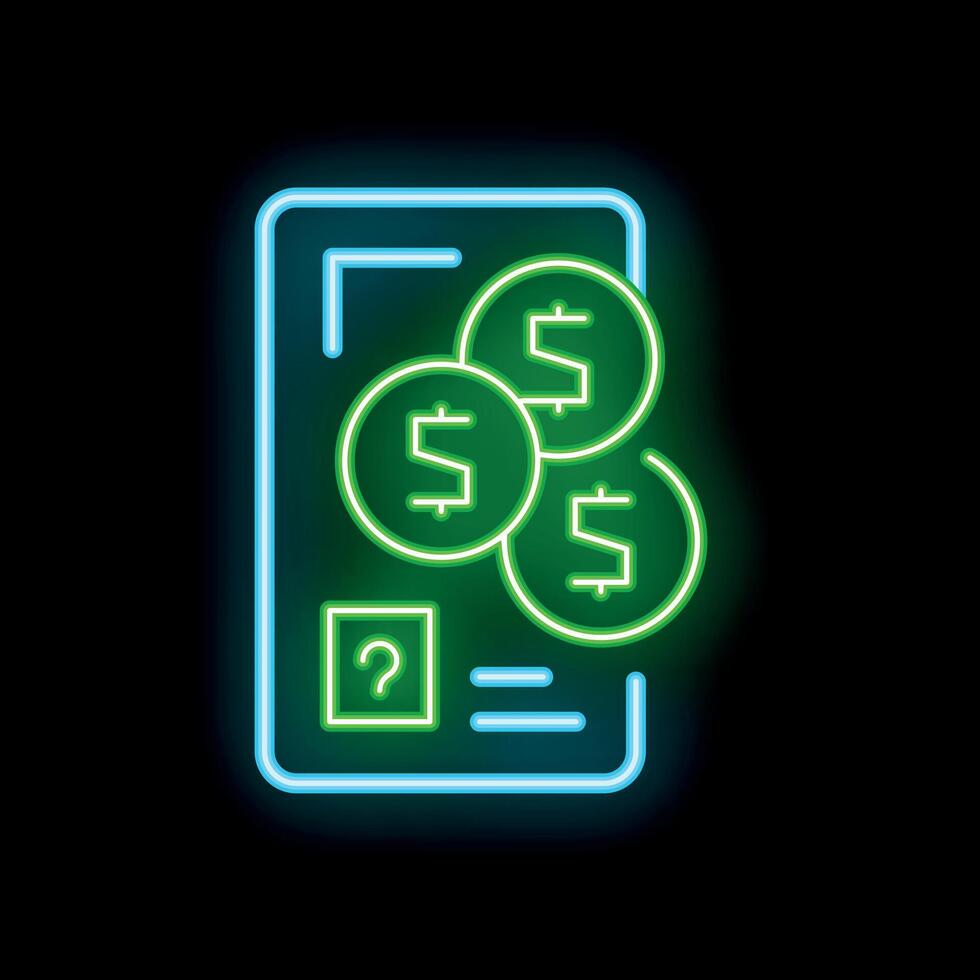 Neon green dollar coins over smartphone screen showing mobile banking app interface vector