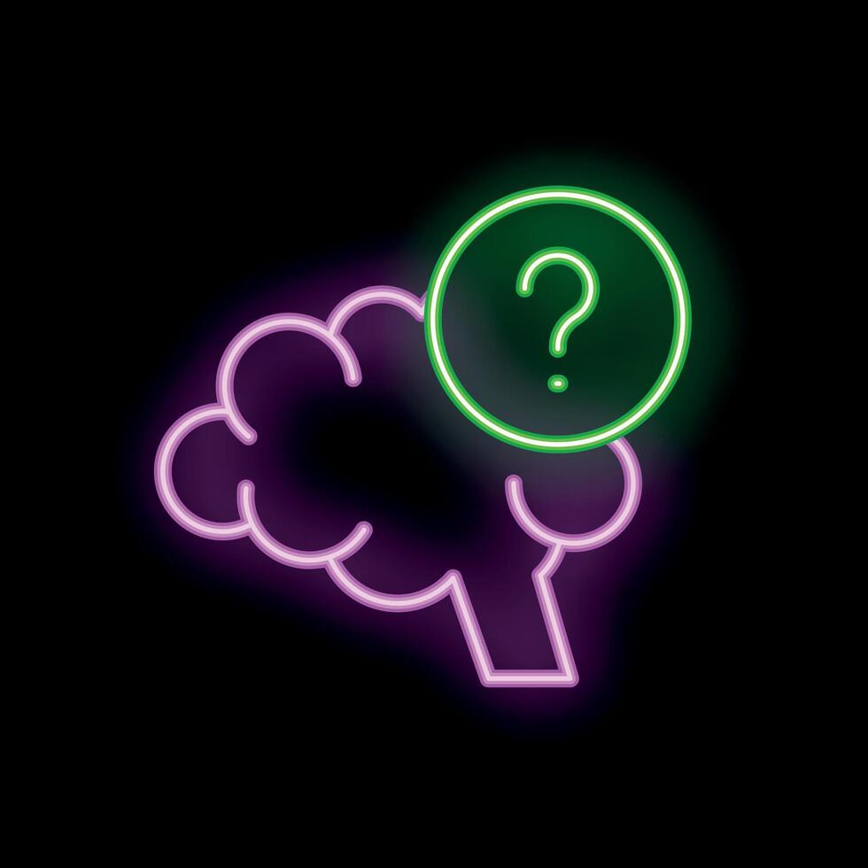 Neon style illustration of brain with question mark representing thinking process vector