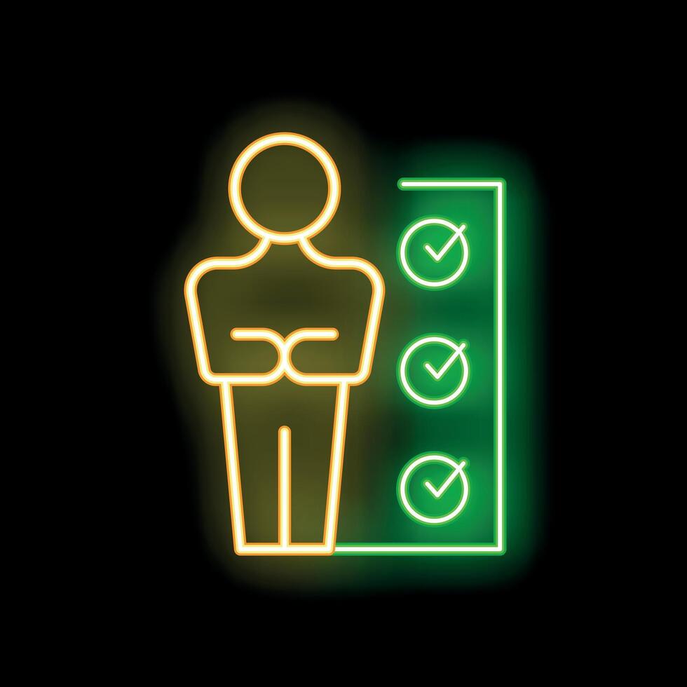 Businessman standing with arms crossed near checklist with tick marks in neon style vector