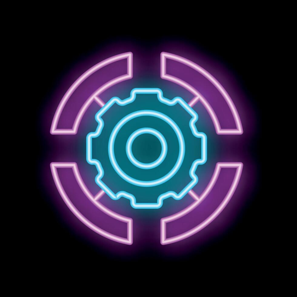Neon icon of gear wheel working inside a circle on black background vector