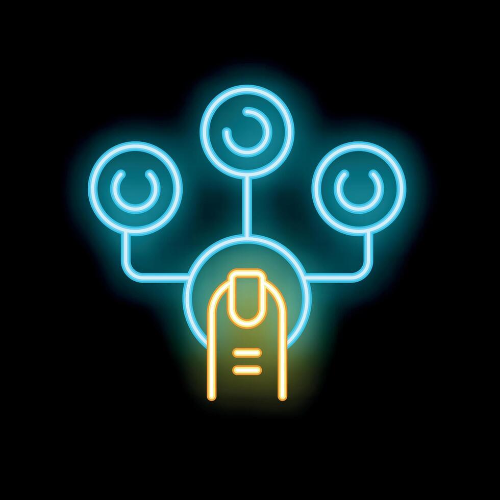 Neon sign showing a finger activating a network of three nodes vector