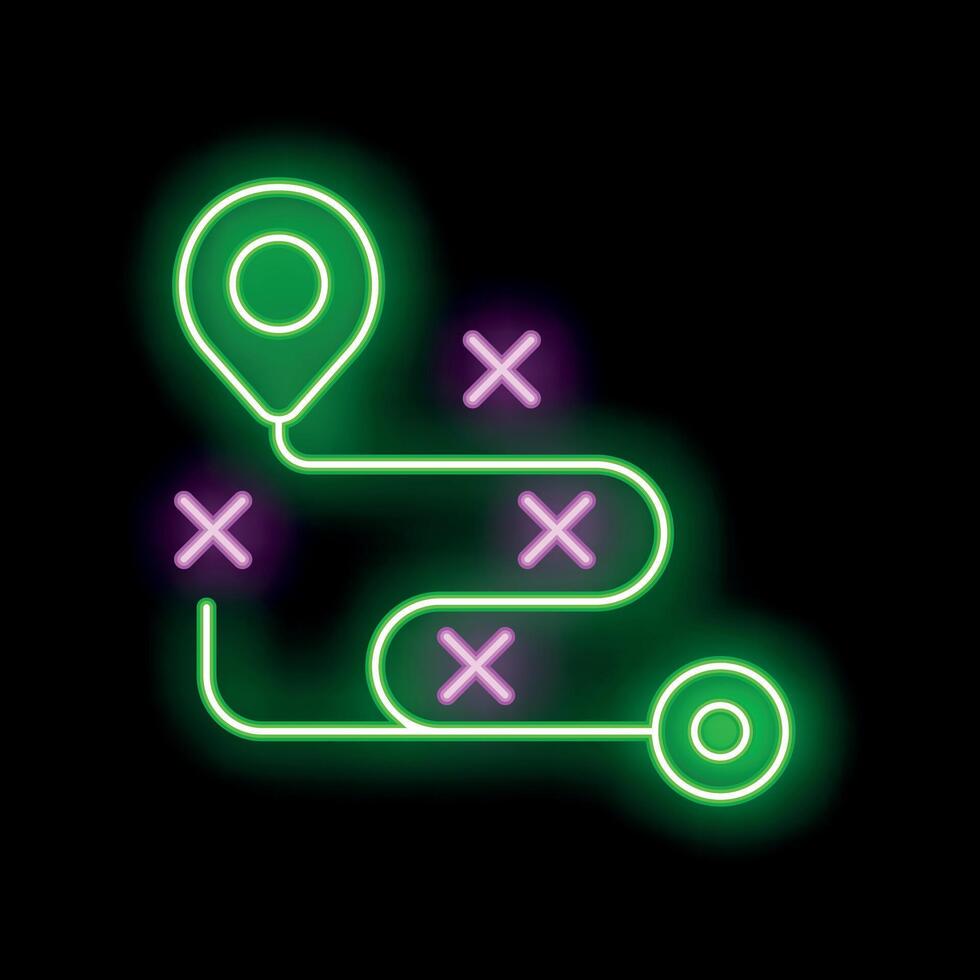 Neon sign showing route with location pin and error symbols vector