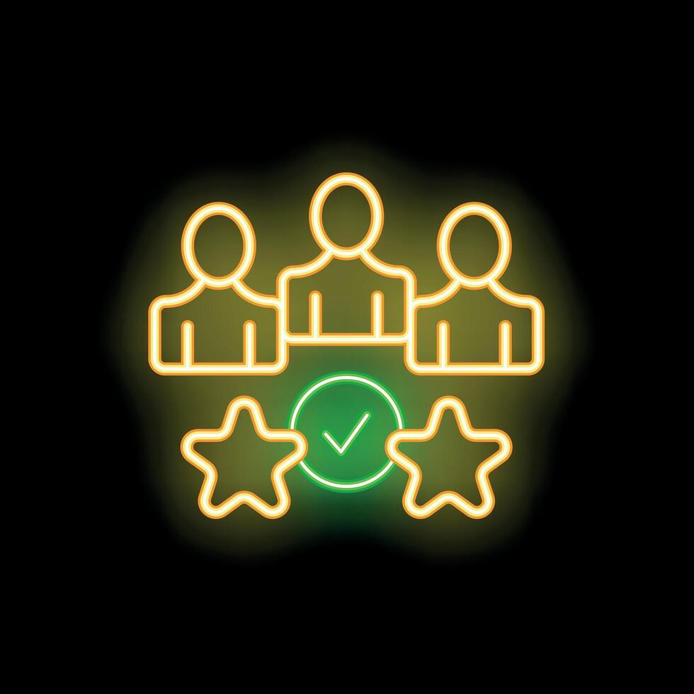 Neon icon of three people getting positive feedback with stars and check mark vector