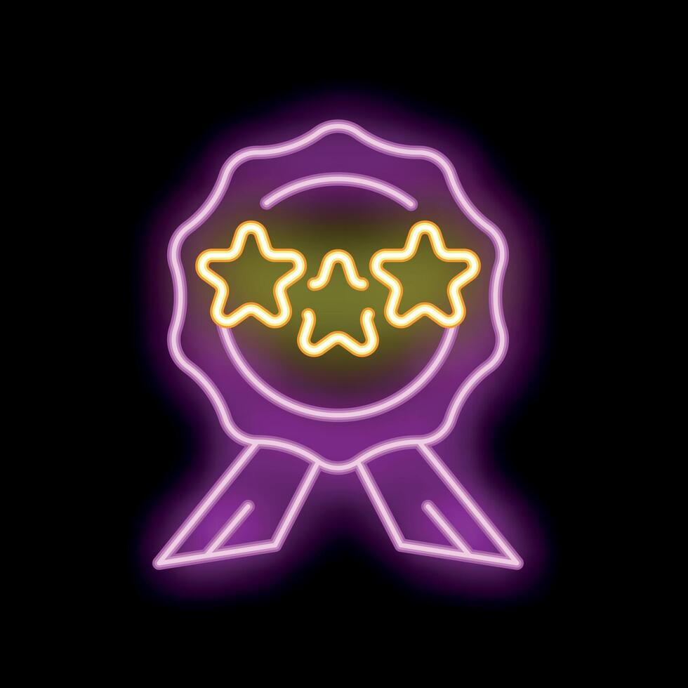 Neon sign showing three stars quality guarantee award ribbon symbol vector