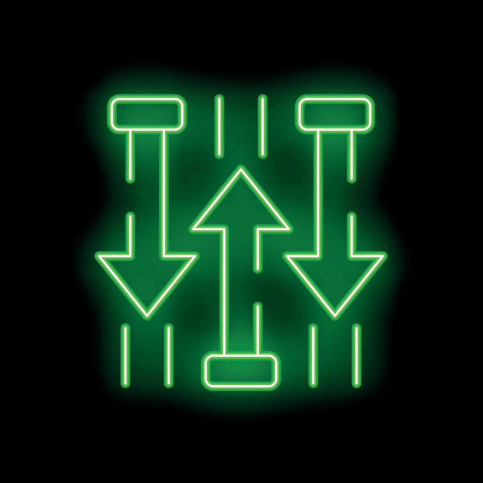 Green neon sign showing up and down arrows with lines on black background vector