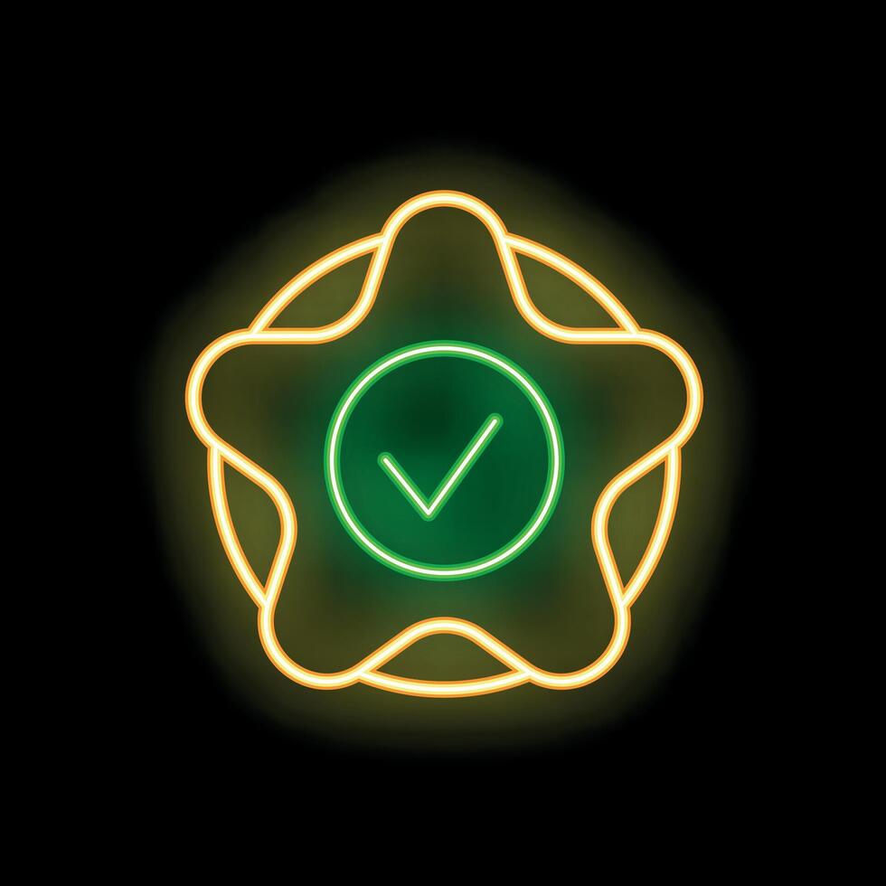 Neon green tick symbol inside an orange star shape on black background vector
