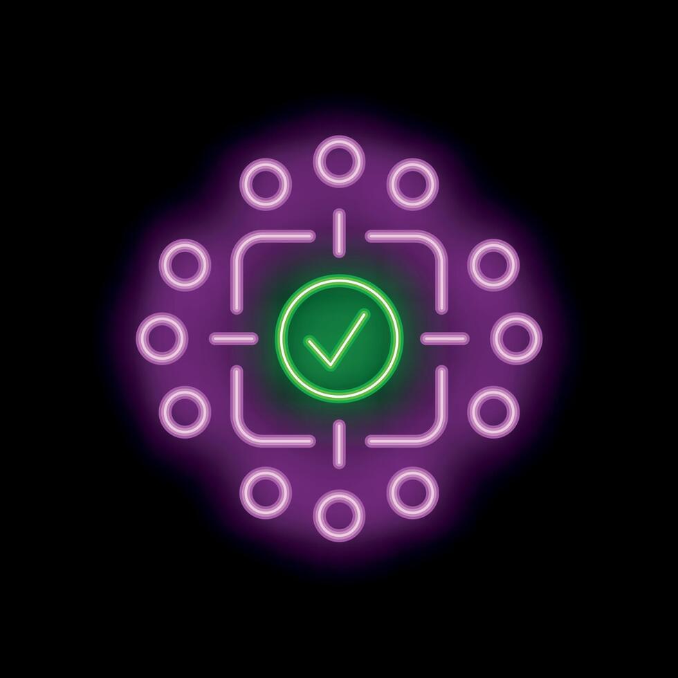 neón estilo icono representando descentralizado blockchain red validando transacción vector