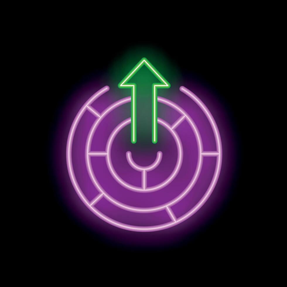 Neon green arrow pointing up from center of round maze vector