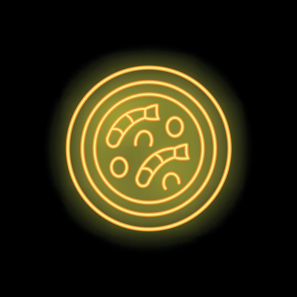 Round neon sign showing shrimps on a plate is glowing in the dark vector