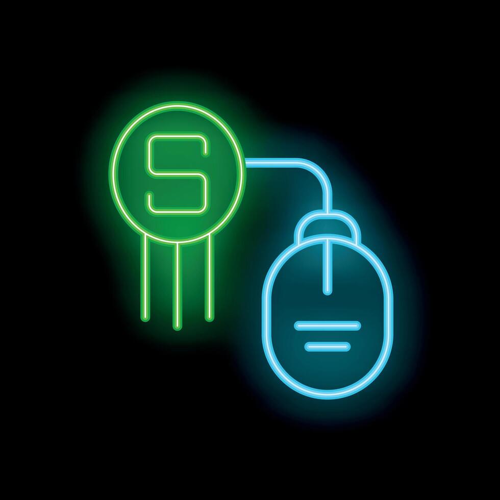Neon icon of computer mouse connected to server with currency symbol vector