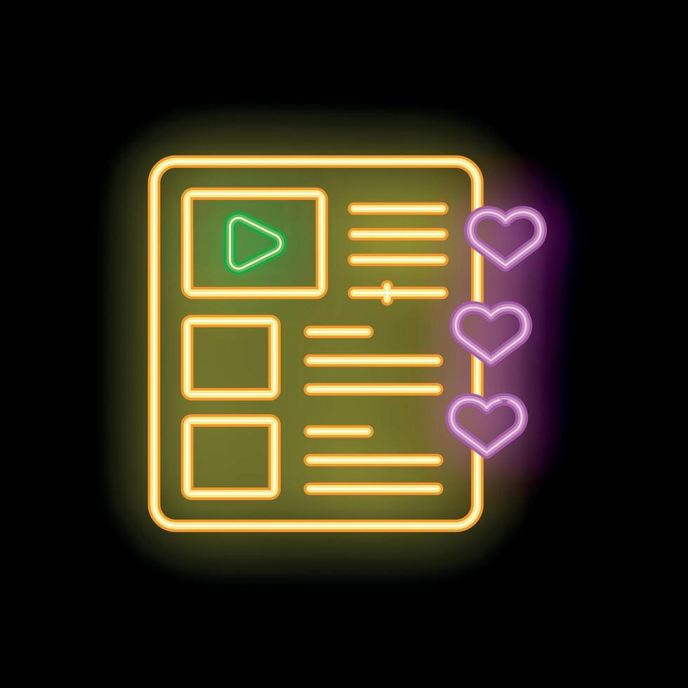 Neon sign showing mobile app interface with likes and player vector