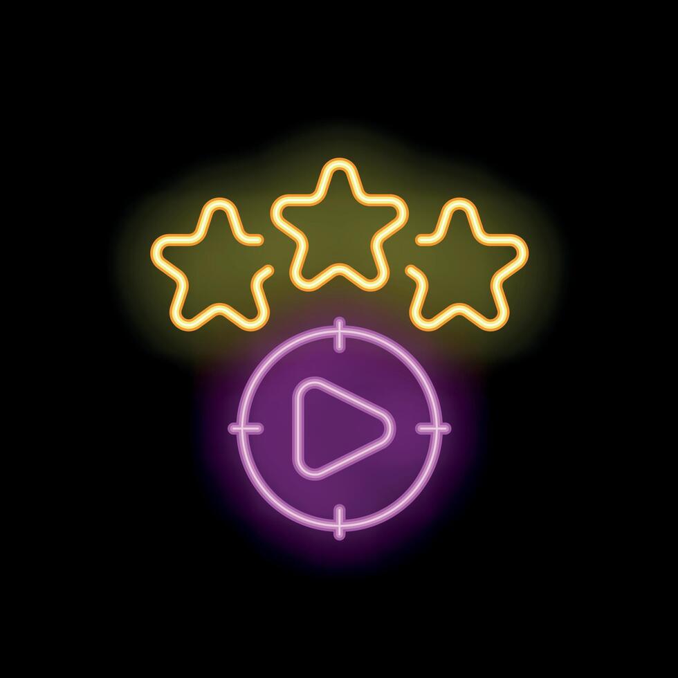 Neon icon of play button inside target being aimed at with three stars above representing high quality content creation vector
