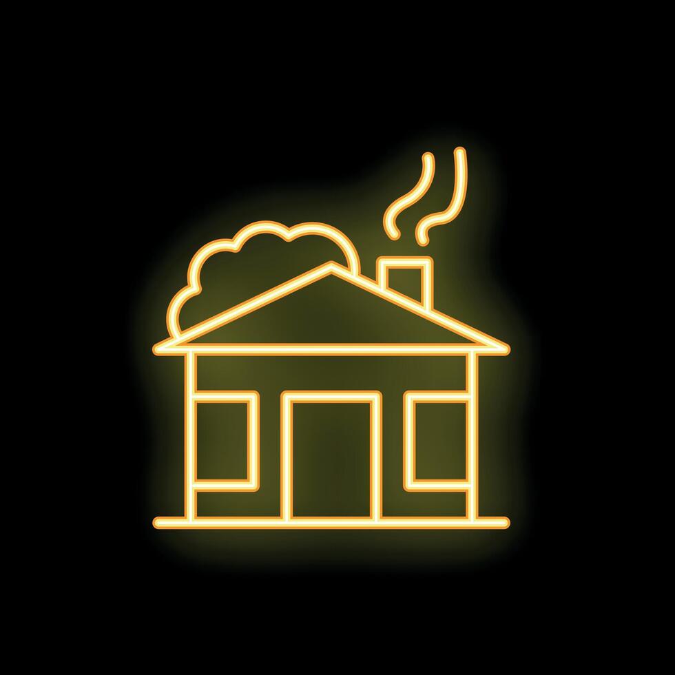 Yellow neon sign of a cozy house with smoke coming from its chimney on a black background vector