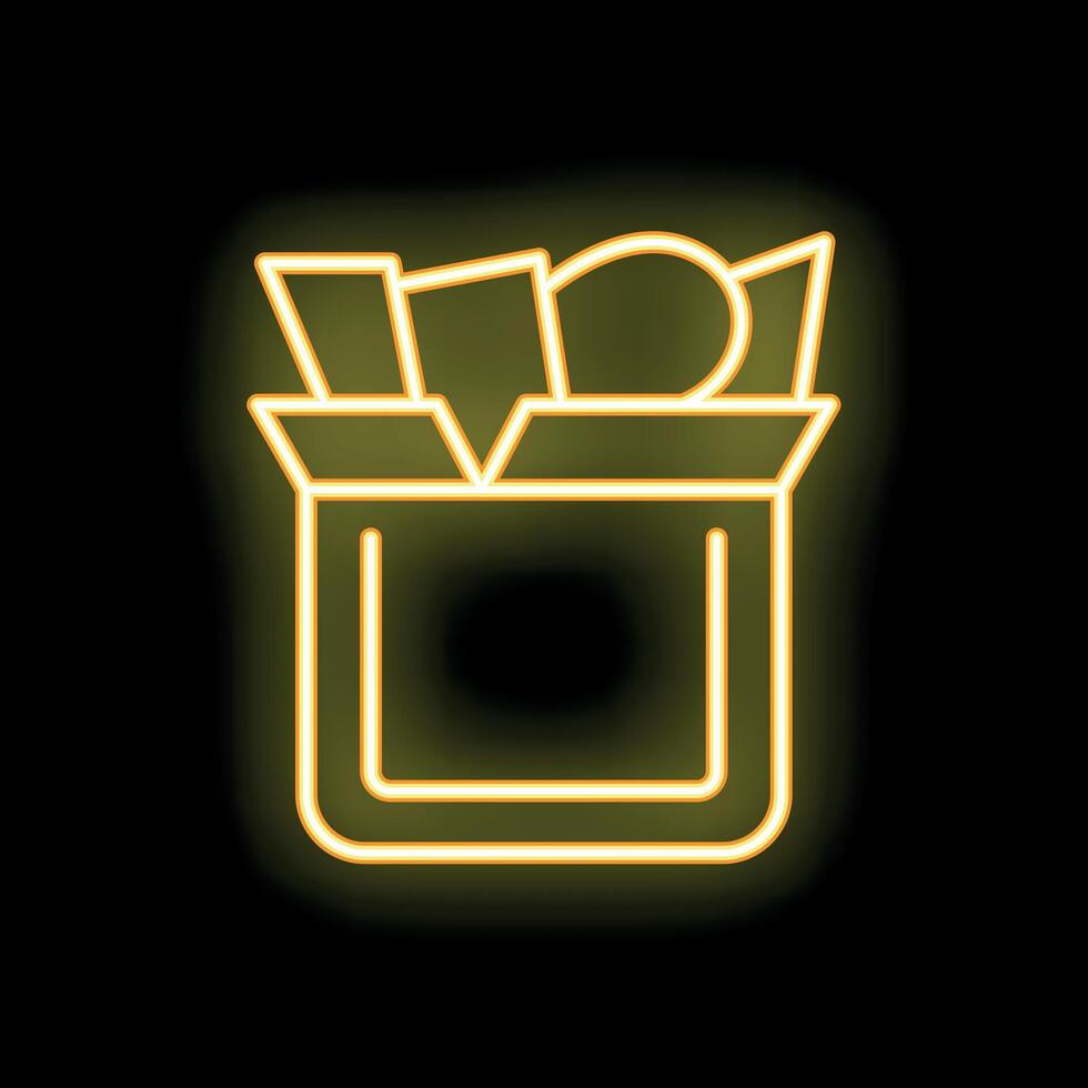 Neon sign of french fries in a box glowing on black background vector