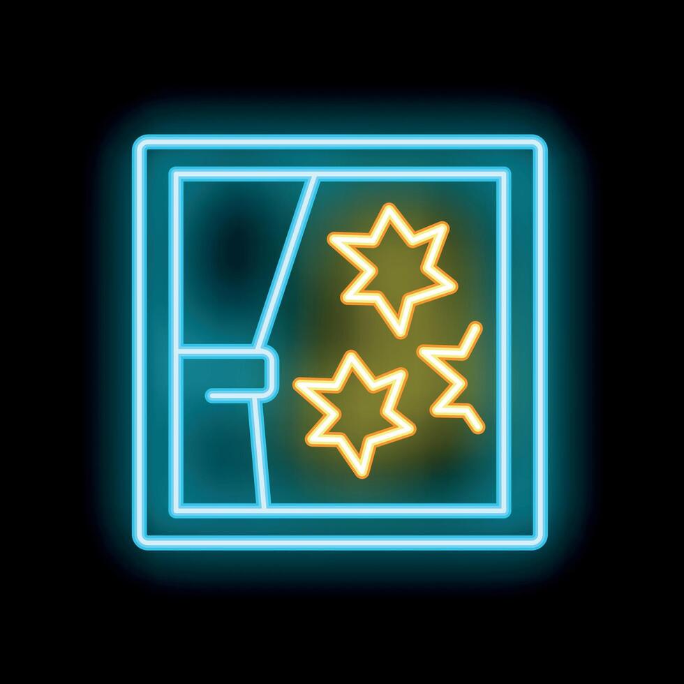 Neon icon of window with stars reflecting outside on black background vector