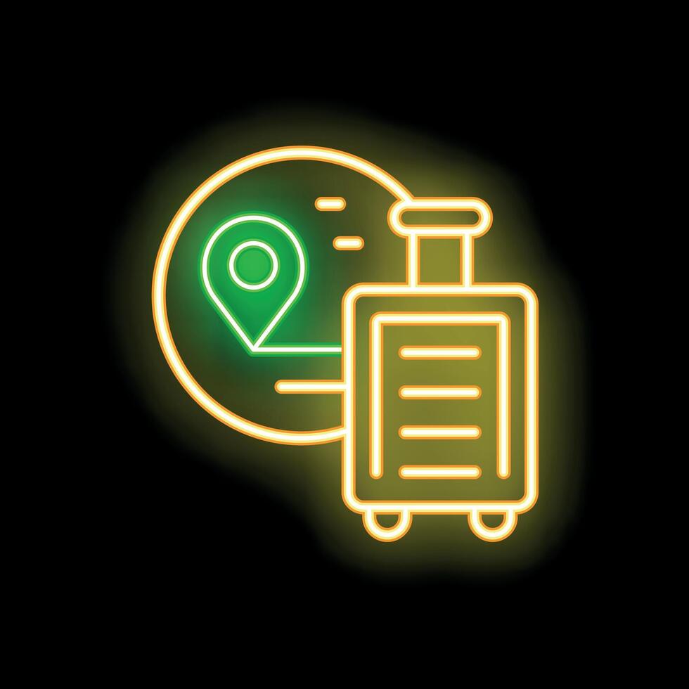 Neon icon of travel luggage with location pin representing tourism and vacation planning vector