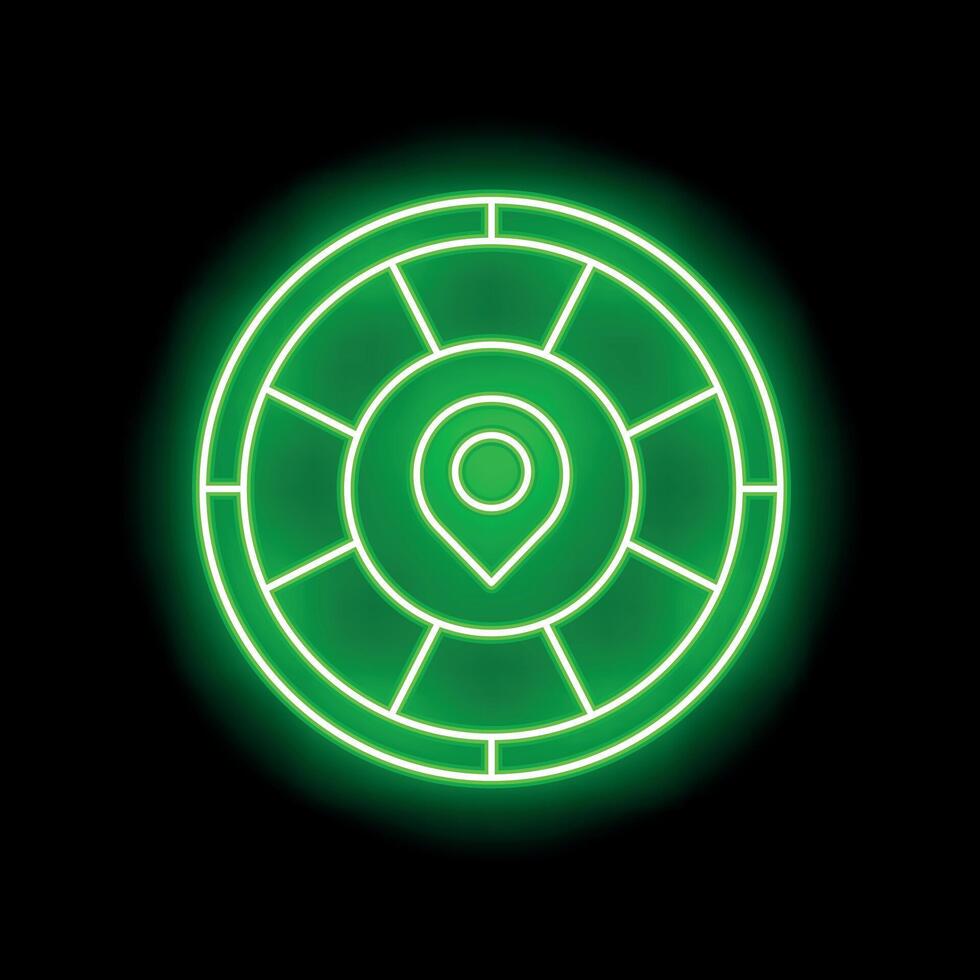 Green neon sign of location pin in circle on black background vector
