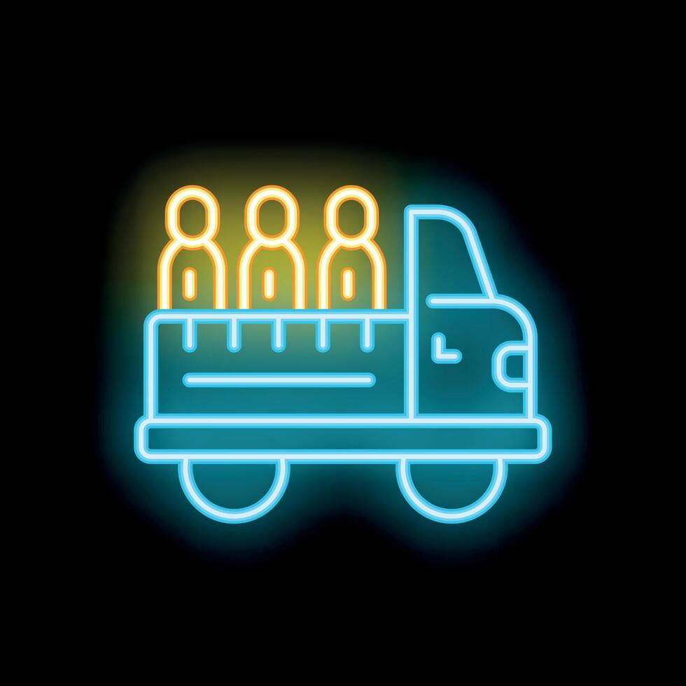 Neon icon of a truck transporting people on black background vector