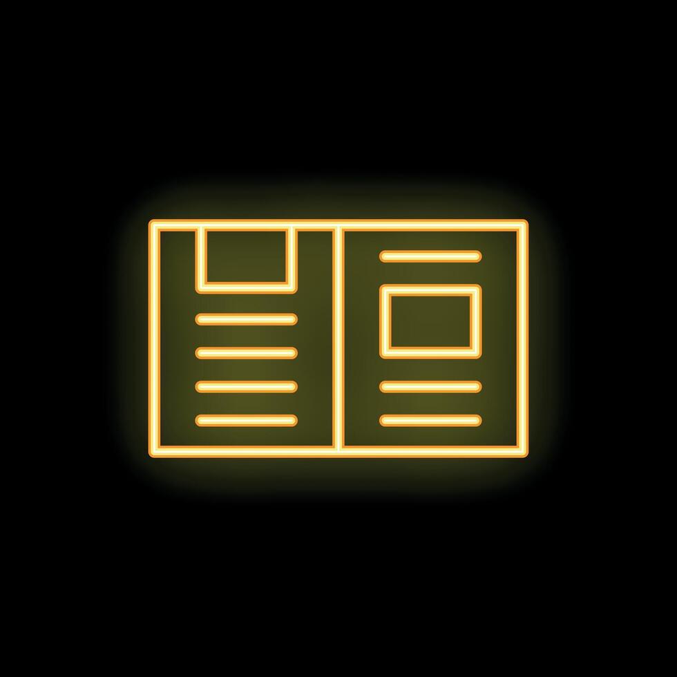 Neon yellow open magazine icon glowing on black background vector