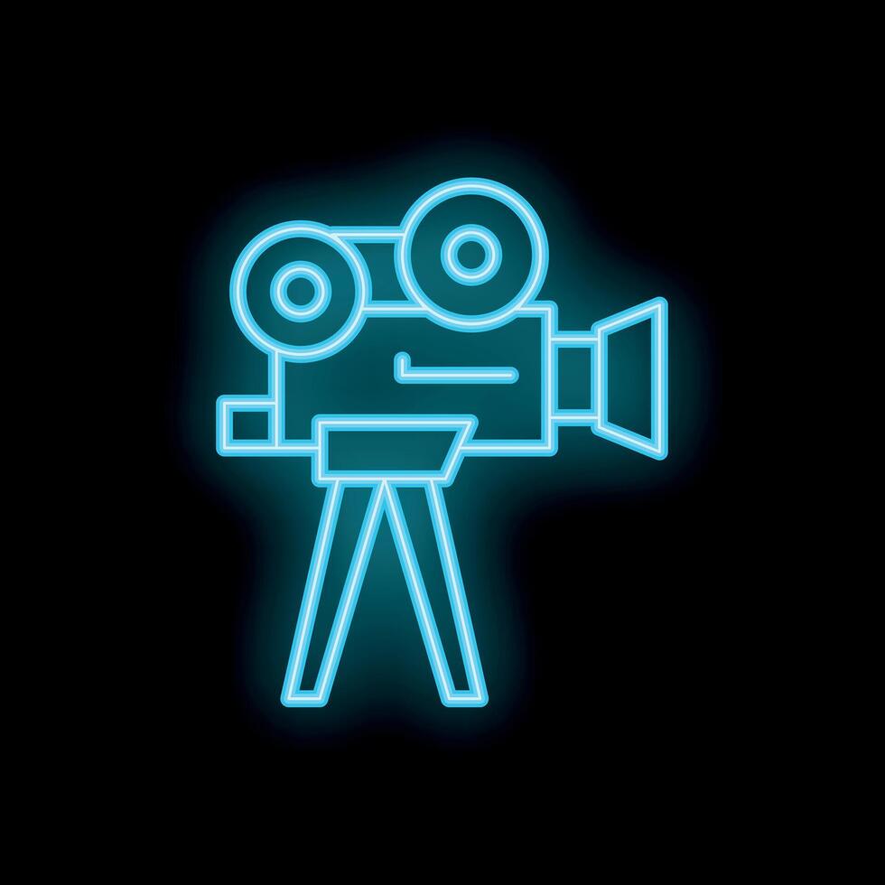 Blue neon sign of a vintage movie camera on a tripod on black background vector
