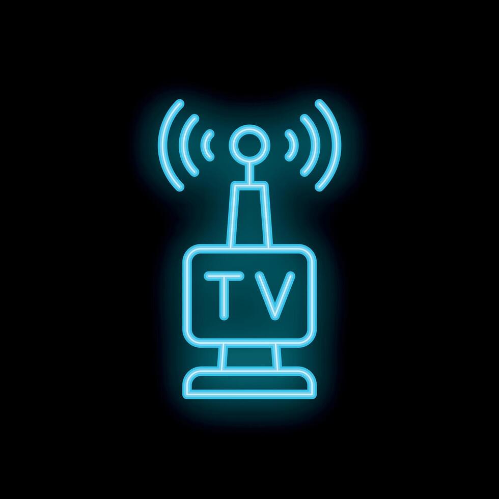 Blue neon television symbol transmitting radio waves vector