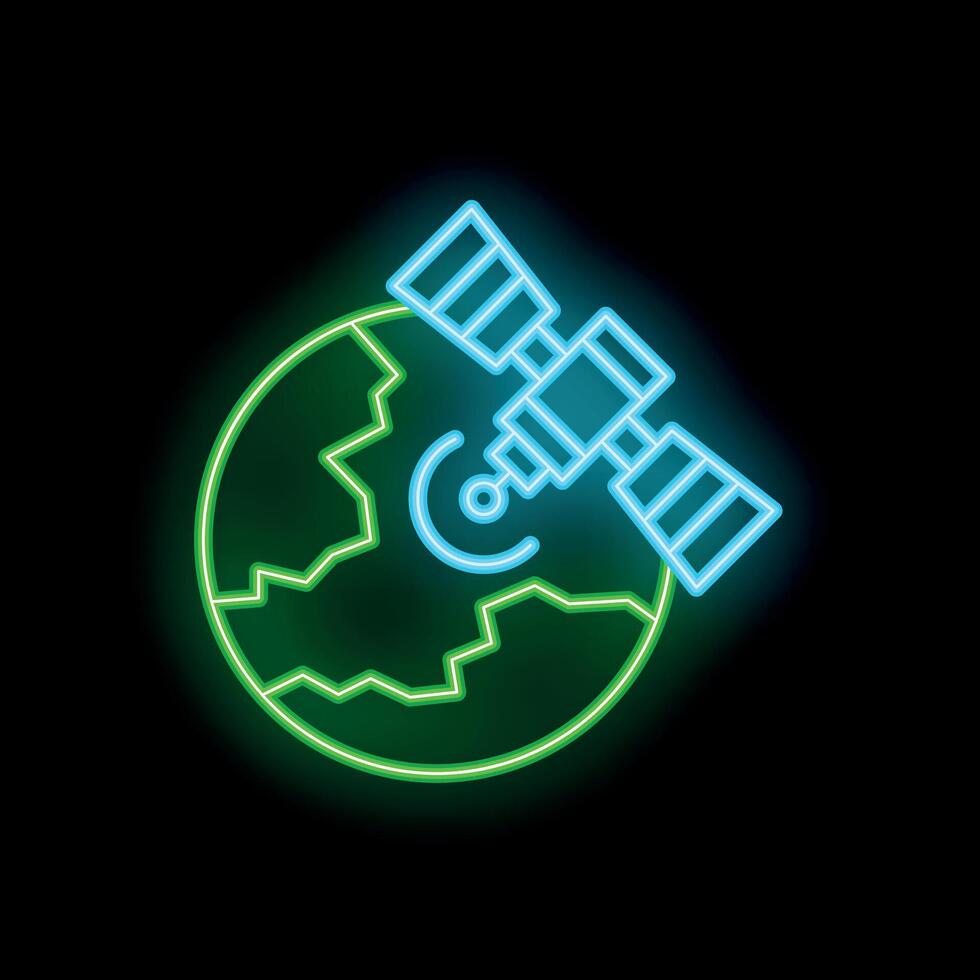 Neon satellite orbiting earth with signal transmission in progress vector