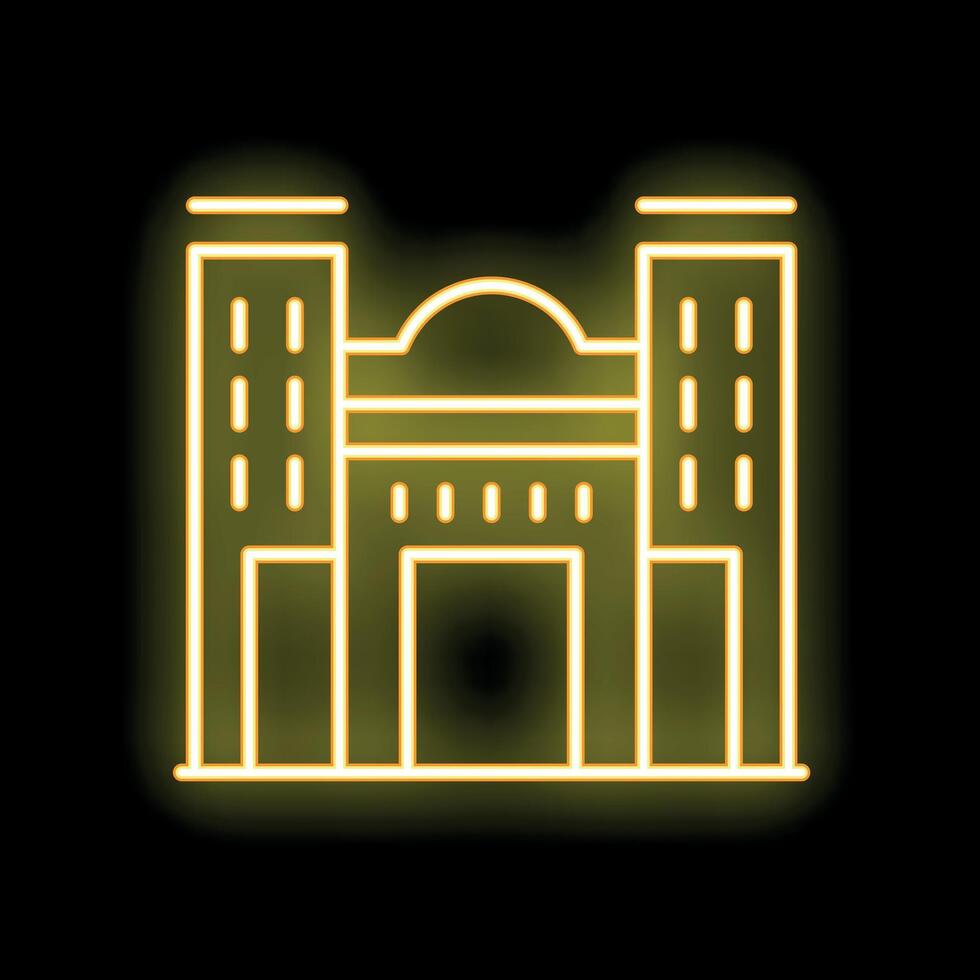 Yellow neon sign of a building with columns on a black background vector