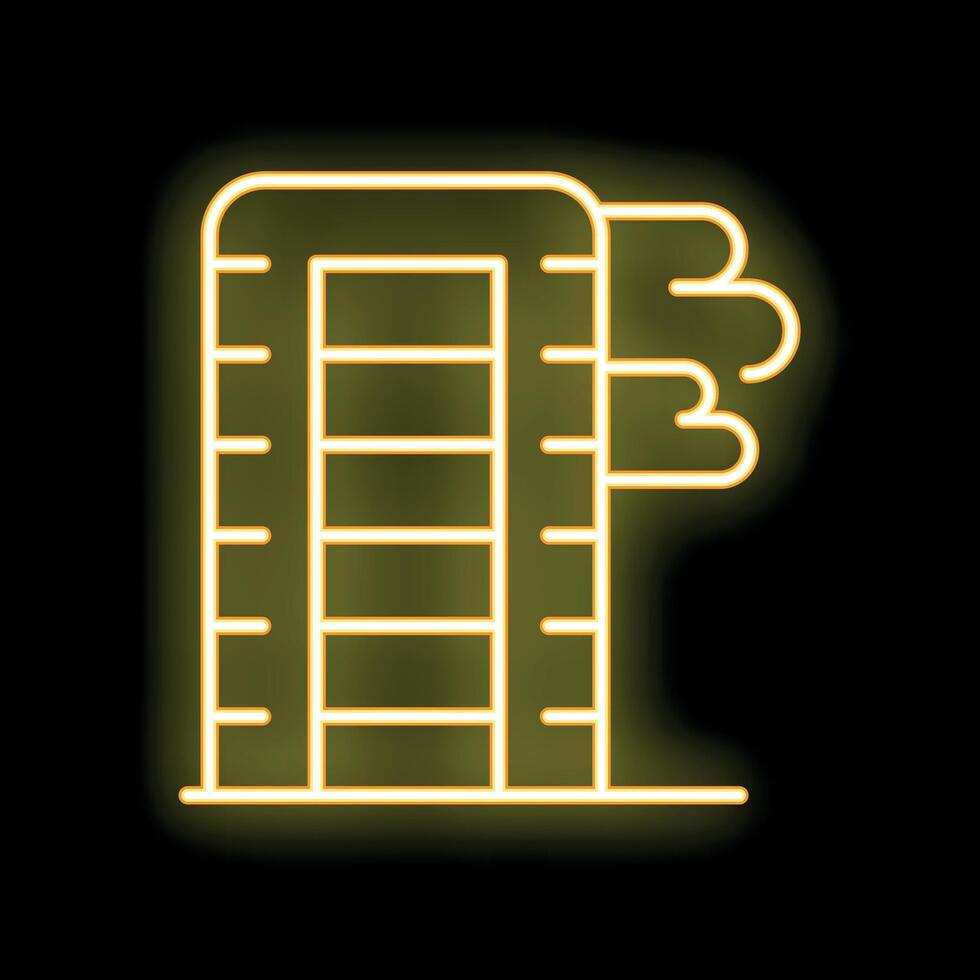 Glowing neon line icon illustrating a building with smoke coming from roof vector