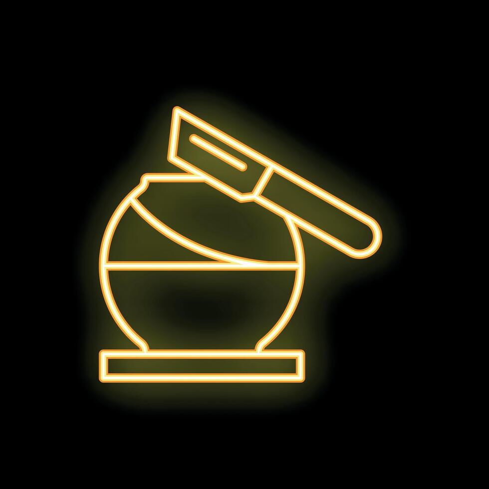 Neon sign showing knife cutting chocolate ball on stand with yellow glow on black background vector