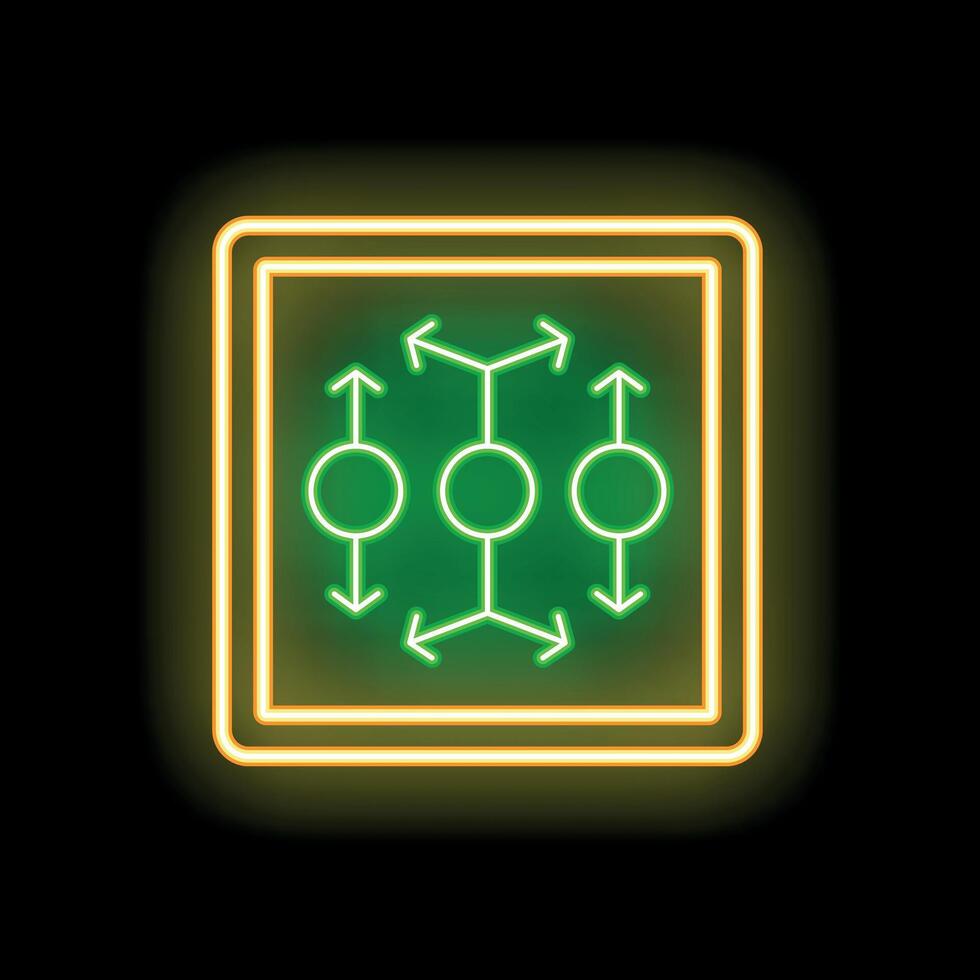 Bright green and yellow neon sign of a blockchain technology symbol is glowing on a black background vector